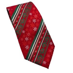 HISDERN Men Red‎ Green White Striped Snowflake Holly Christmas Tie Hand Made